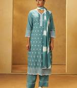 Turquoise blue embroidered cotton straight