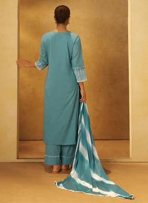 Turquoise blue embroidered cotton straight 2