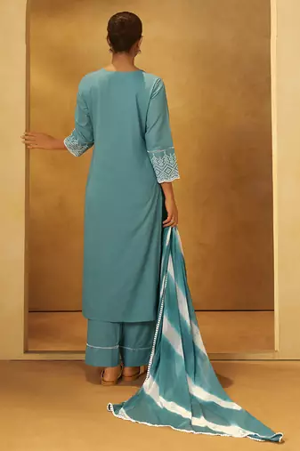 Turquoise blue embroidered cotton straight