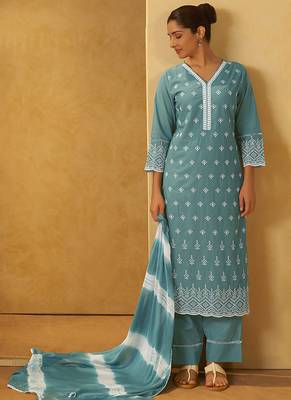 Turquoise blue embroidered cotton straight 3