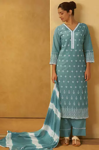 Turquoise blue embroidered cotton straight