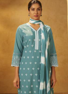 Turquoise blue embroidered cotton straight 4