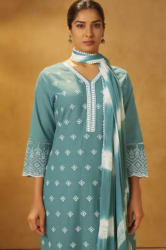 Turquoise blue embroidered cotton straight