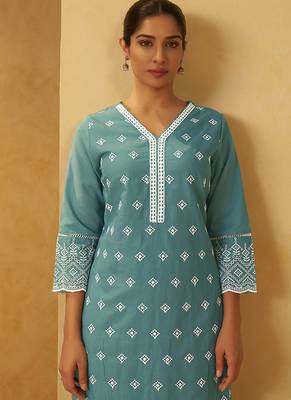 Turquoise blue embroidered cotton straight 5
