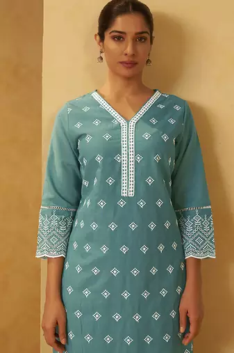Turquoise blue embroidered cotton straight