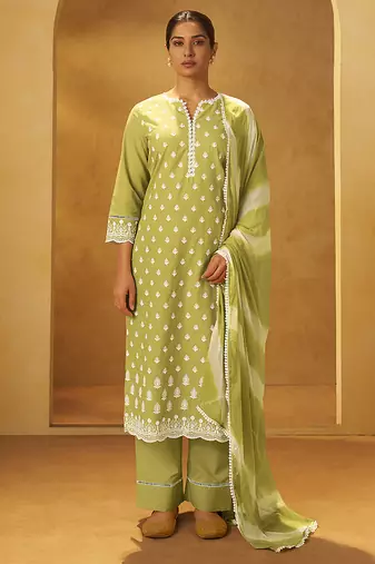 Light green schiffly with embroidered  cotton straight