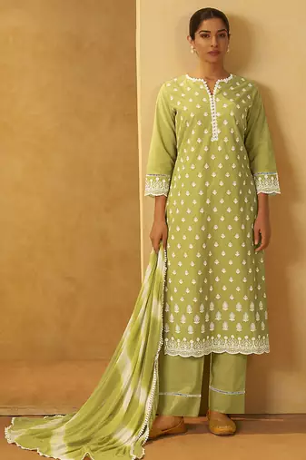 Light green schiffly with embroidered  cotton straight