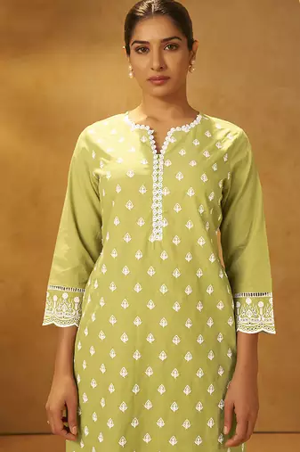 Light green schiffly with embroidered  cotton straight