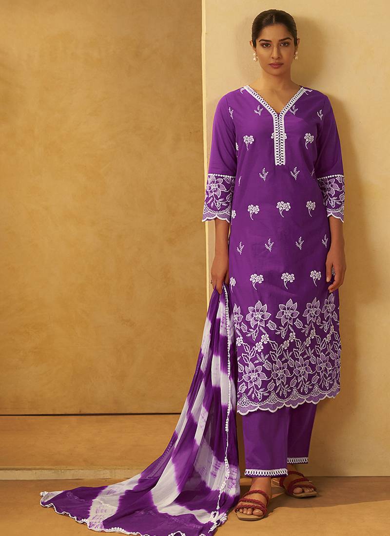 Purple schiffly with embroidered cotton straight