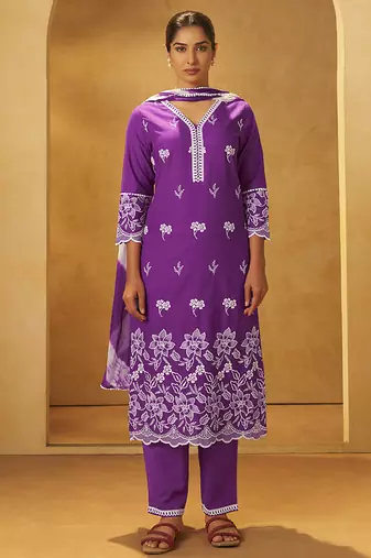 Purple schiffly with embroidered cotton straight