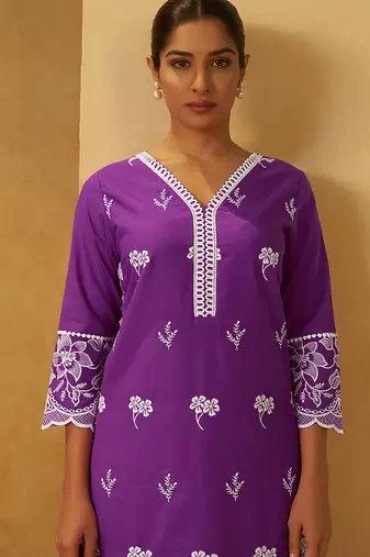 Purple schiffly with embroidered cotton straight