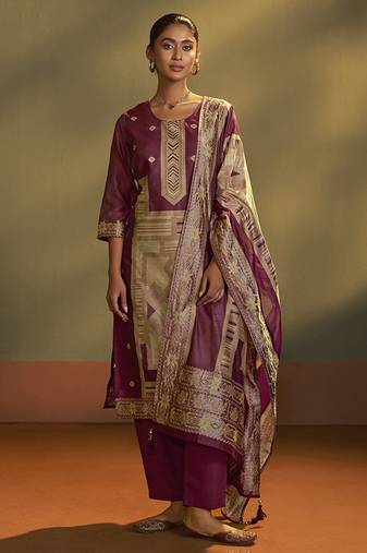 Maroon jacquard art silk straight