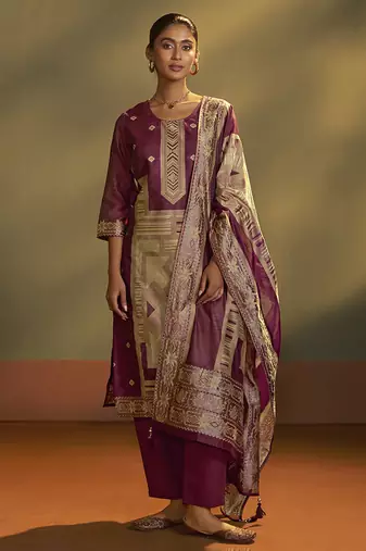 Maroon jacquard art silk straight