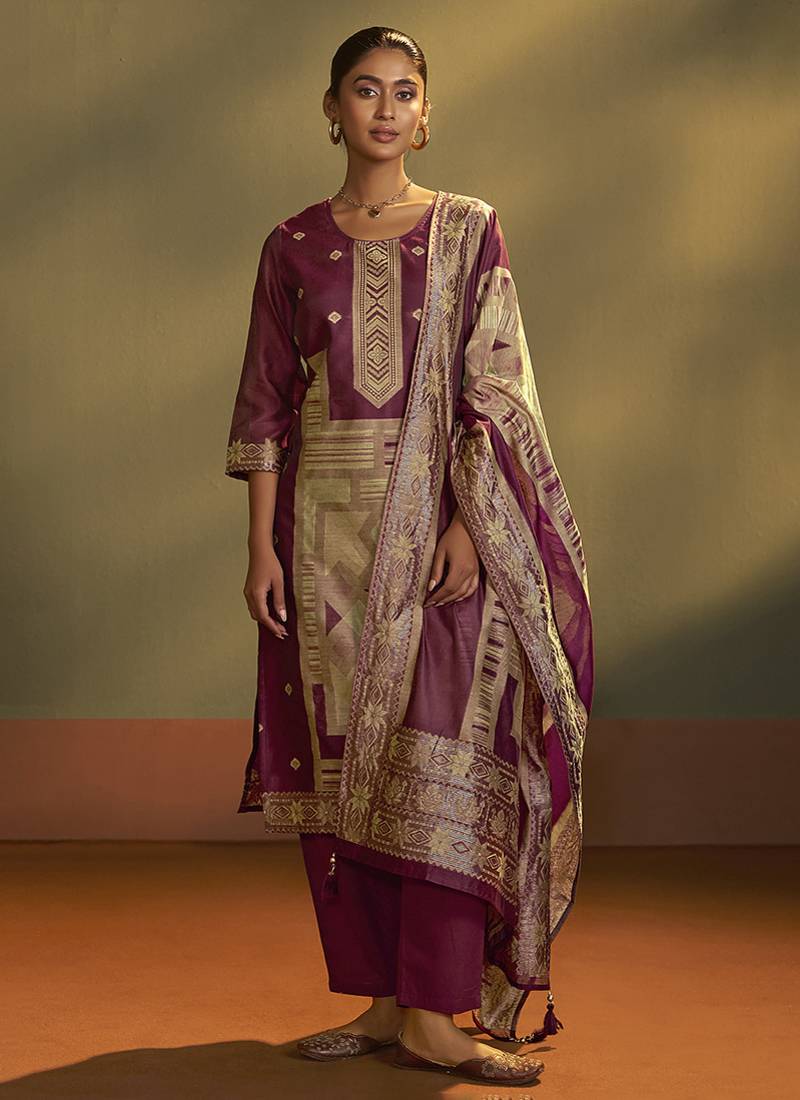 Maroon jacquard art silk straight