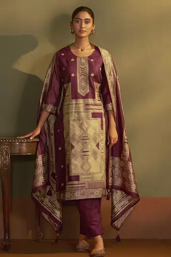 Maroon jacquard art silk straight
