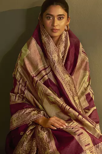 Maroon jacquard art silk straight