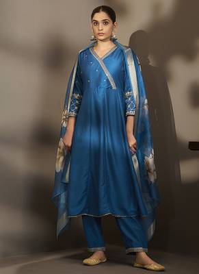 Blue embroidered cotton anarkali 1