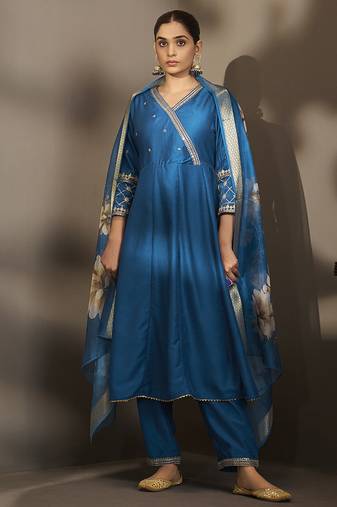Blue embroidered cotton anarkali
