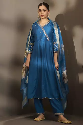Blue embroidered cotton anarkali