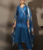 Blue embroidered cotton anarkali