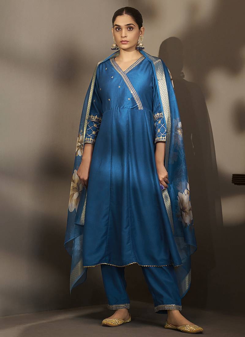 Blue embroidered cotton anarkali