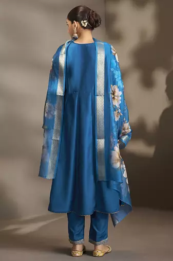 Blue embroidered cotton anarkali