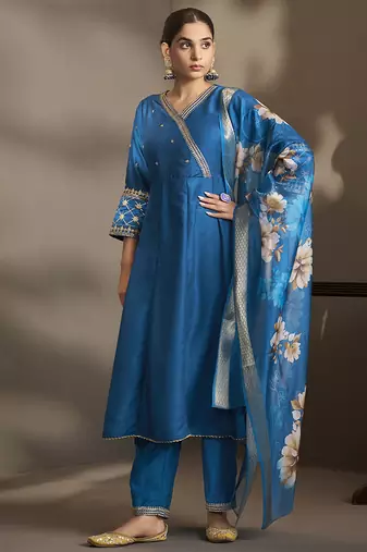 Blue embroidered cotton anarkali