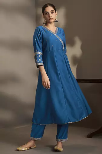 Blue embroidered cotton anarkali