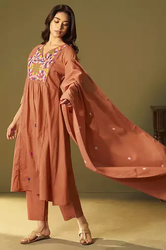 Orange embroidery cotton anarkali