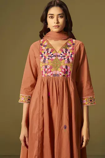 Orange embroidery cotton anarkali