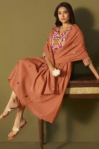 Orange embroidery cotton anarkali
