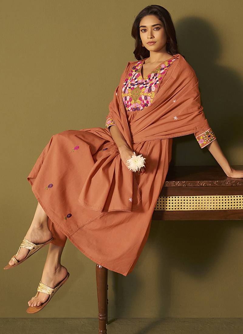 Orange embroidery cotton anarkali