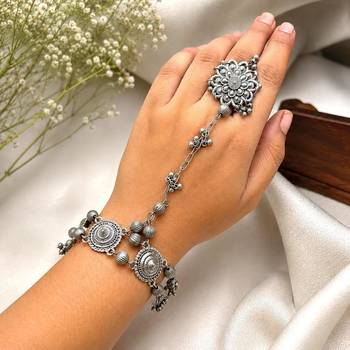 Oxidized Silver Hathphool Ring Bracelet, Indian Hand Harness Jewelry, Boho Hand Chain Bracelet 1