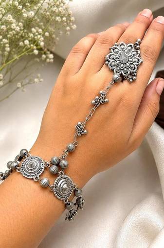 Oxidized Silver Hathphool Ring Bracelet, Indian Hand Harness Jewelry, Boho Hand Chain Bracelet