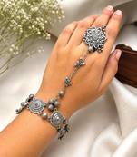 Oxidized Silver Hathphool Ring Bracelet, Indian Hand Harness Jewelry, Boho Hand Chain Bracelet