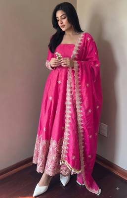 Rani pink colour  heavy embroidered anarkali kurta set with designer cutwork dupatta & pant 3