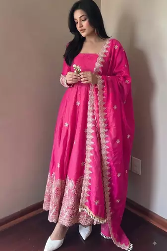 Rani pink colour  heavy embroidered anarkali kurta set with designer cutwork dupatta & pant
