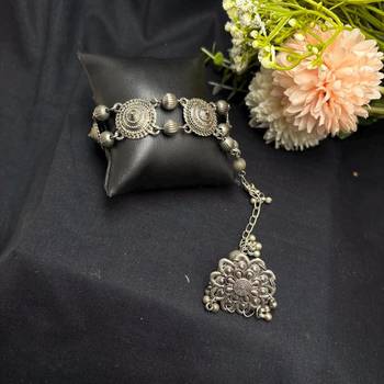 Oxidized Silver Hathphool Ring Bracelet, Indian Hand Harness Jewelry, Boho Hand Chain Bracelet 2