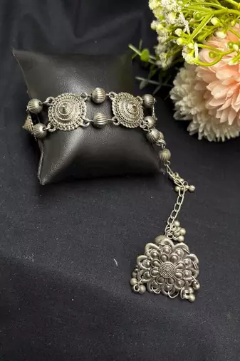Oxidized Silver Hathphool Ring Bracelet, Indian Hand Harness Jewelry, Boho Hand Chain Bracelet