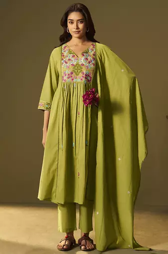 Green embroidery cotton anarkali