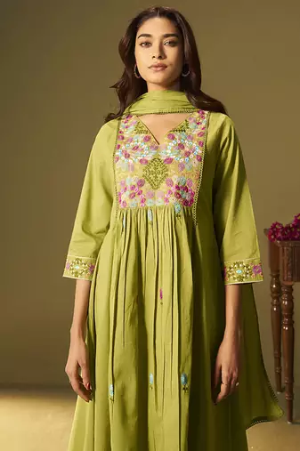 Green embroidery cotton anarkali