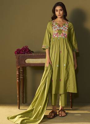 Green embroidery cotton anarkali 5