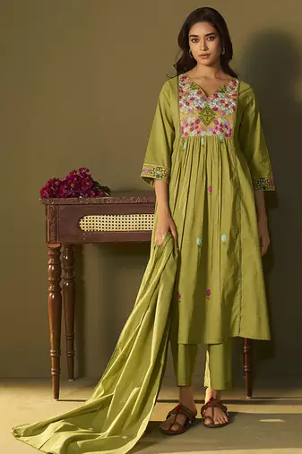 Green embroidery cotton anarkali