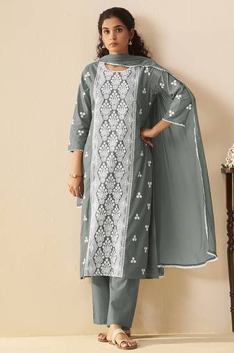 Grey embroidered schiffly cotton straight