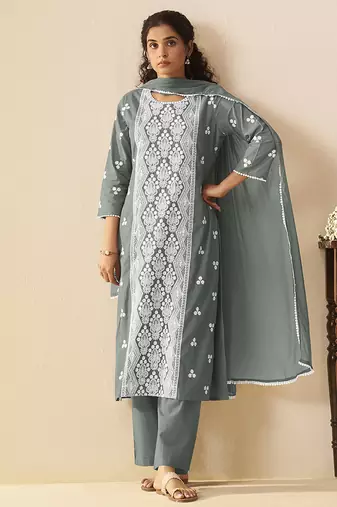 Grey embroidered schiffly cotton straight