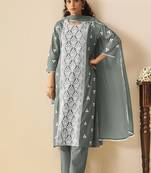 Grey embroidered schiffly cotton straight