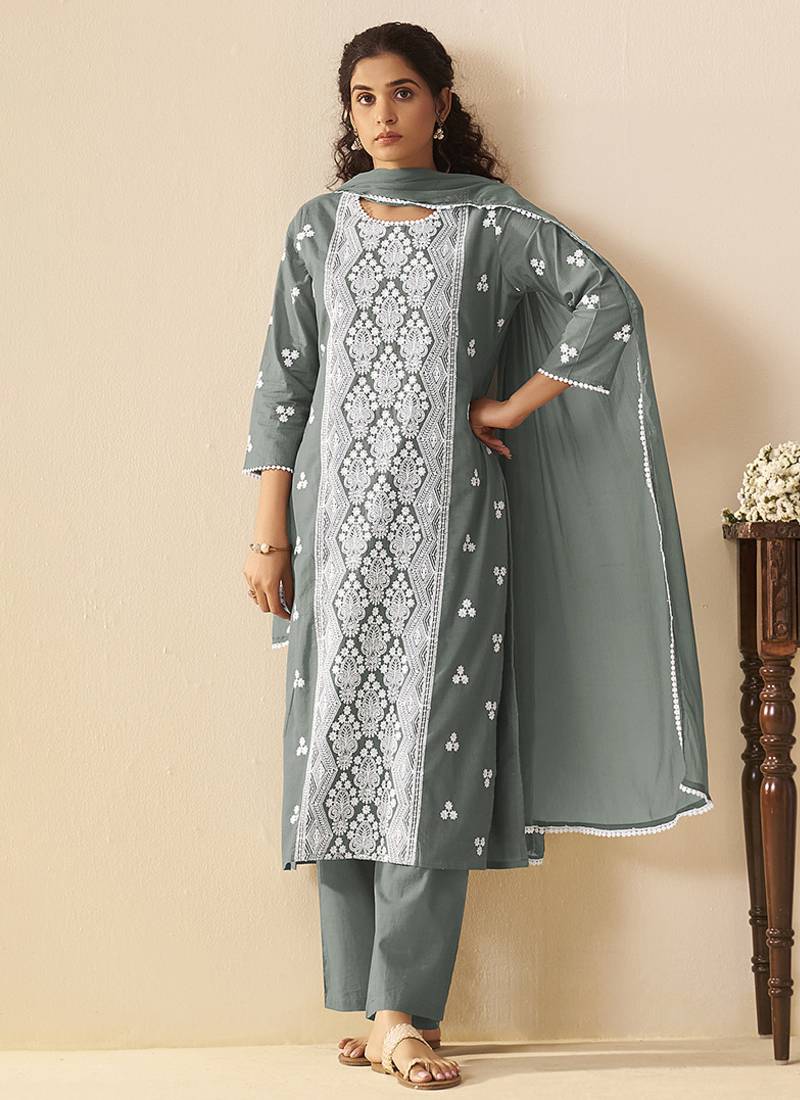Grey embroidered schiffly cotton straight