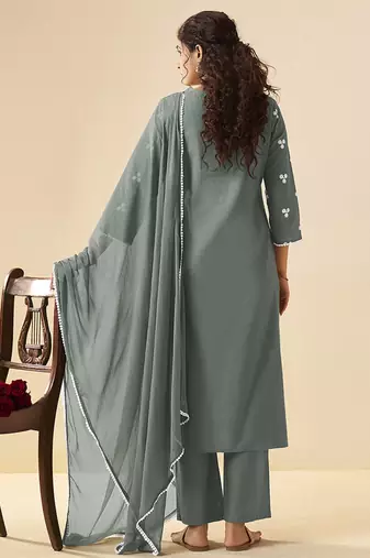 Grey embroidered schiffly cotton straight