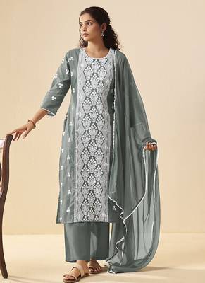 Grey embroidered schiffly cotton straight 3