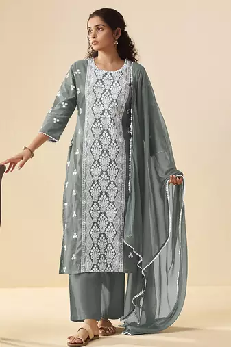 Grey embroidered schiffly cotton straight